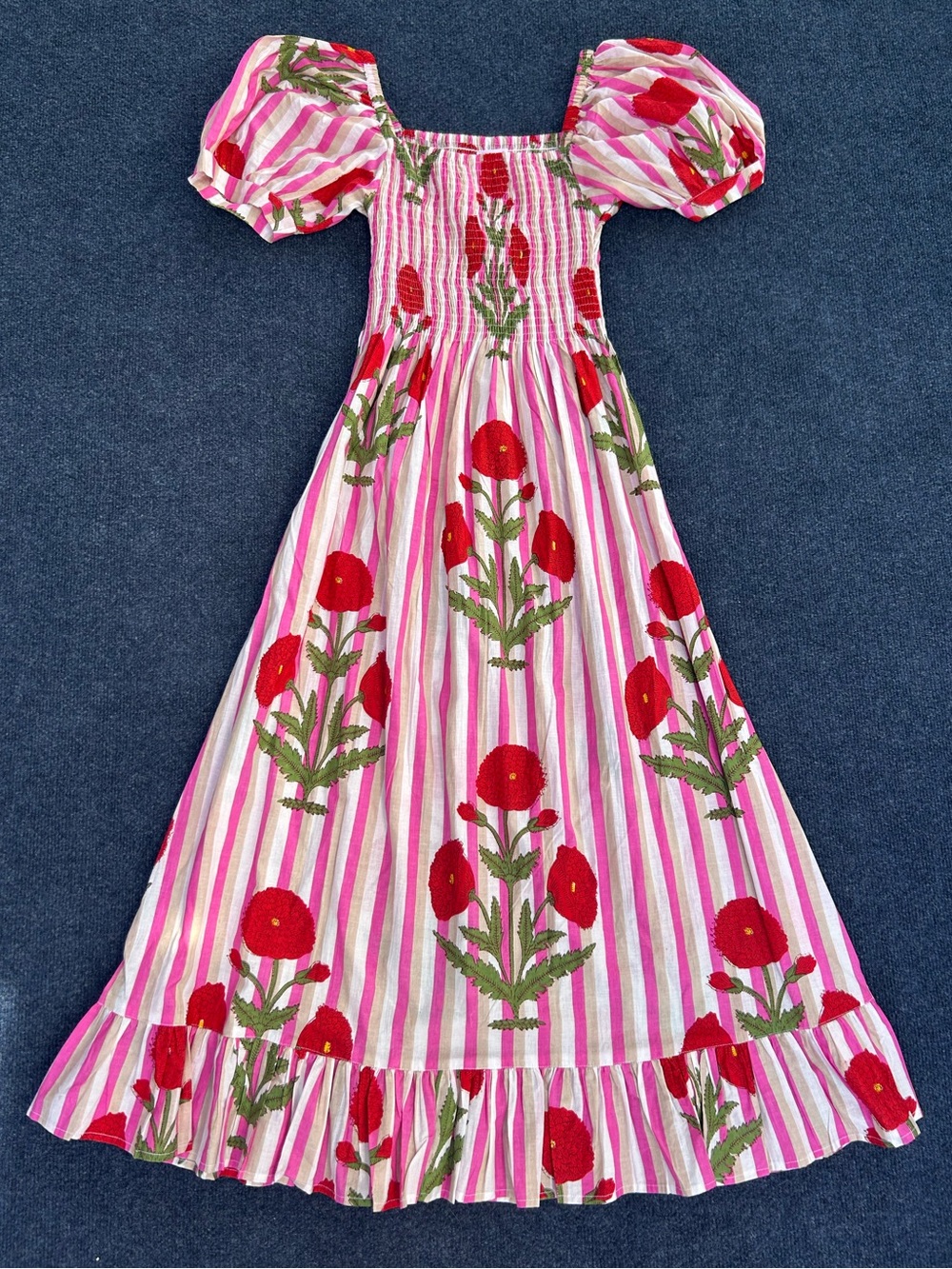Mary Marshmallow Poppy Smocked Long Dress in Pink White Stripe Red Floral Small